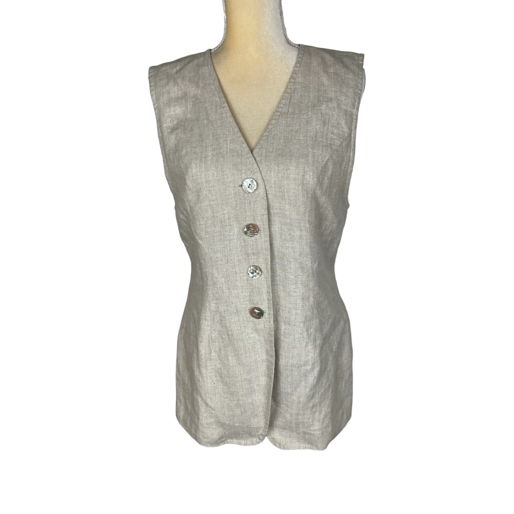 Maggy London Beige Tan Linen Vest Top Button Up Sleeveless Size 4